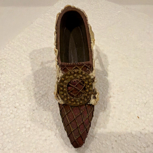 1:12 Dollhouse Miniature High Heel Shoe, Brown/Beige Fabric w/ Lace Trim Ribbon