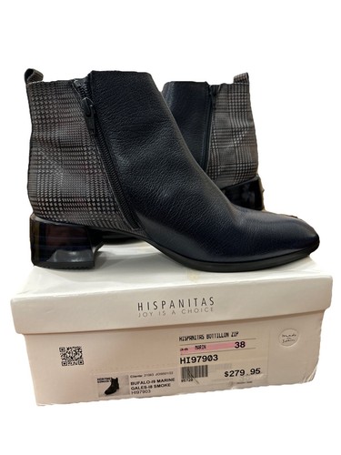 Hispanitas Ankle Boot Bootie Women's Sz -US-8 Plaid W/Leather 18-Smoke Navy Blue - Picture 3 of 9