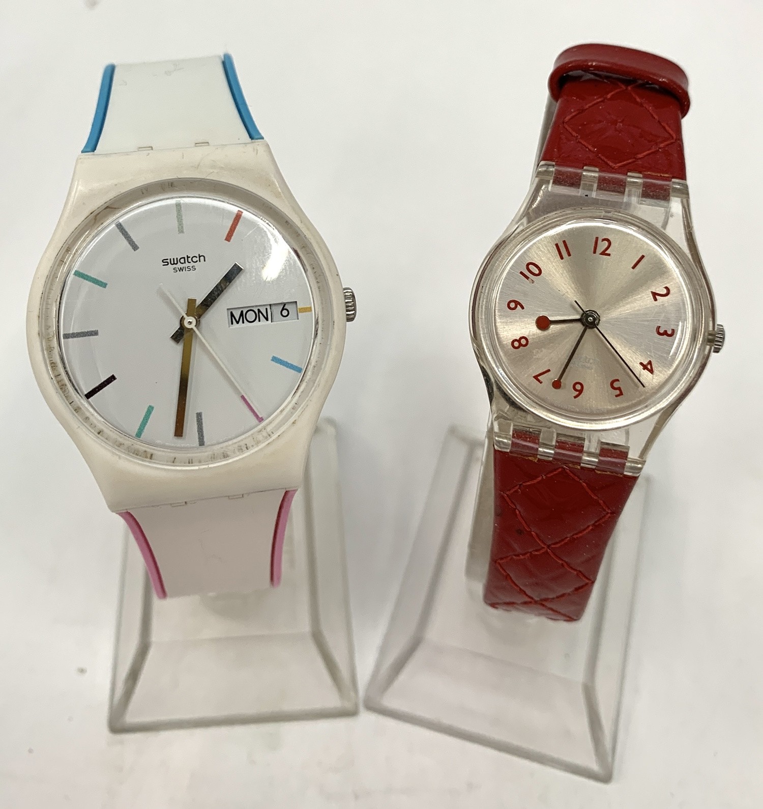 Vintage - Strap White &amp; Bundle Strap, Day Red Models Leather Date Swatch Watch - vintagewatches.pk