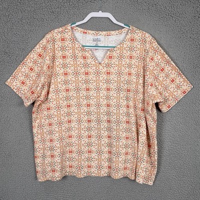 Croft & Barrow Top Womens 2X Orange Floral Short Sleeve Notch Neckline Cotton