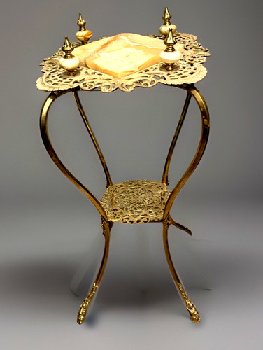Antique Victorian Marble Ornate Solid Brass Plant Stand Pedestal Side Table