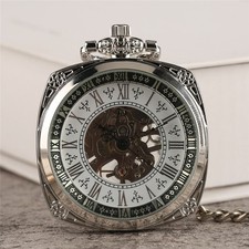 Silver Open Face Skeleton Hand Winding Mechanical Pocket Watch for Men Women