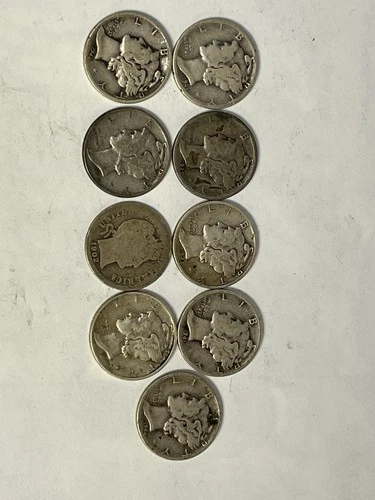 Lot Of 8 Mercury Silver Dimes Winged Liberty Head 1 Barber Dime Various Dates