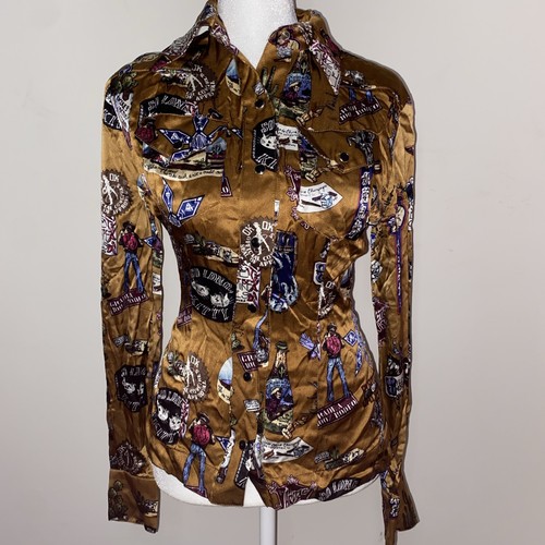 90s Y2K Vintage Nicole Miller 100% Silk Western Wild Wear Copper Brown Button Up