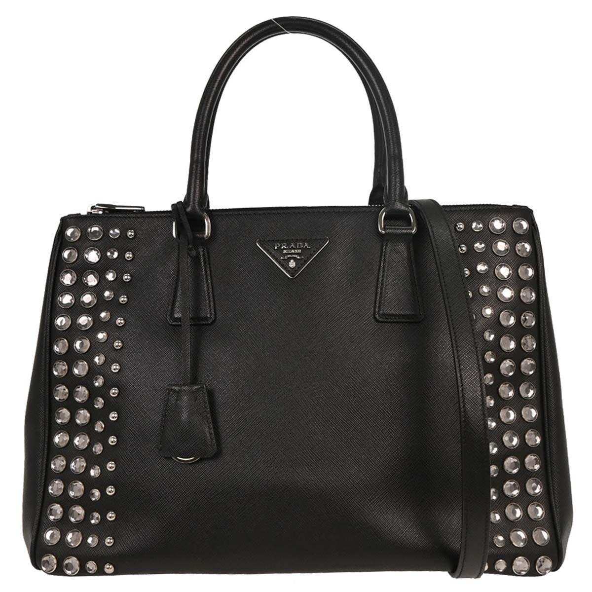Prada Black Leather Galleria Double Zip Tote Studded 2way Handbag