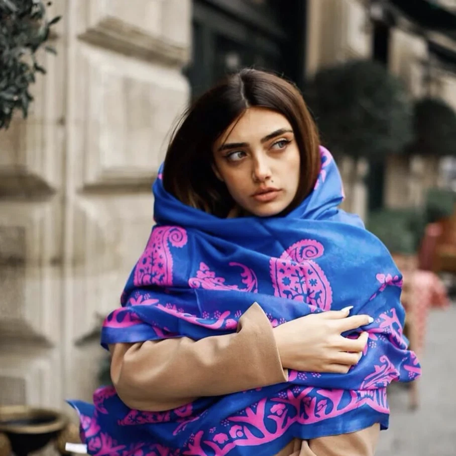 Handmade 100% Silk Scarf - Natural Dyed Blue and Pink Paisley Shawl - 160x160cm
