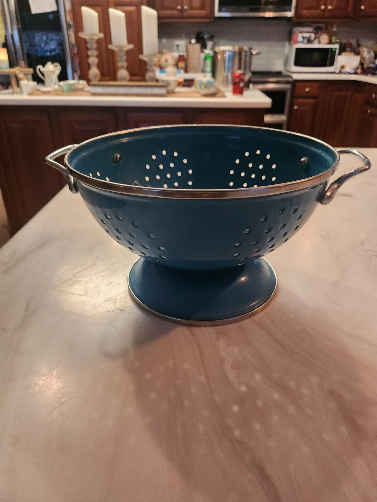Blue Metal Colander With Handles Medium Size vintage