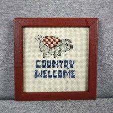 Adorable Vintage Pig Country Welcome Needlepoint Framed Picture 5" X 5  