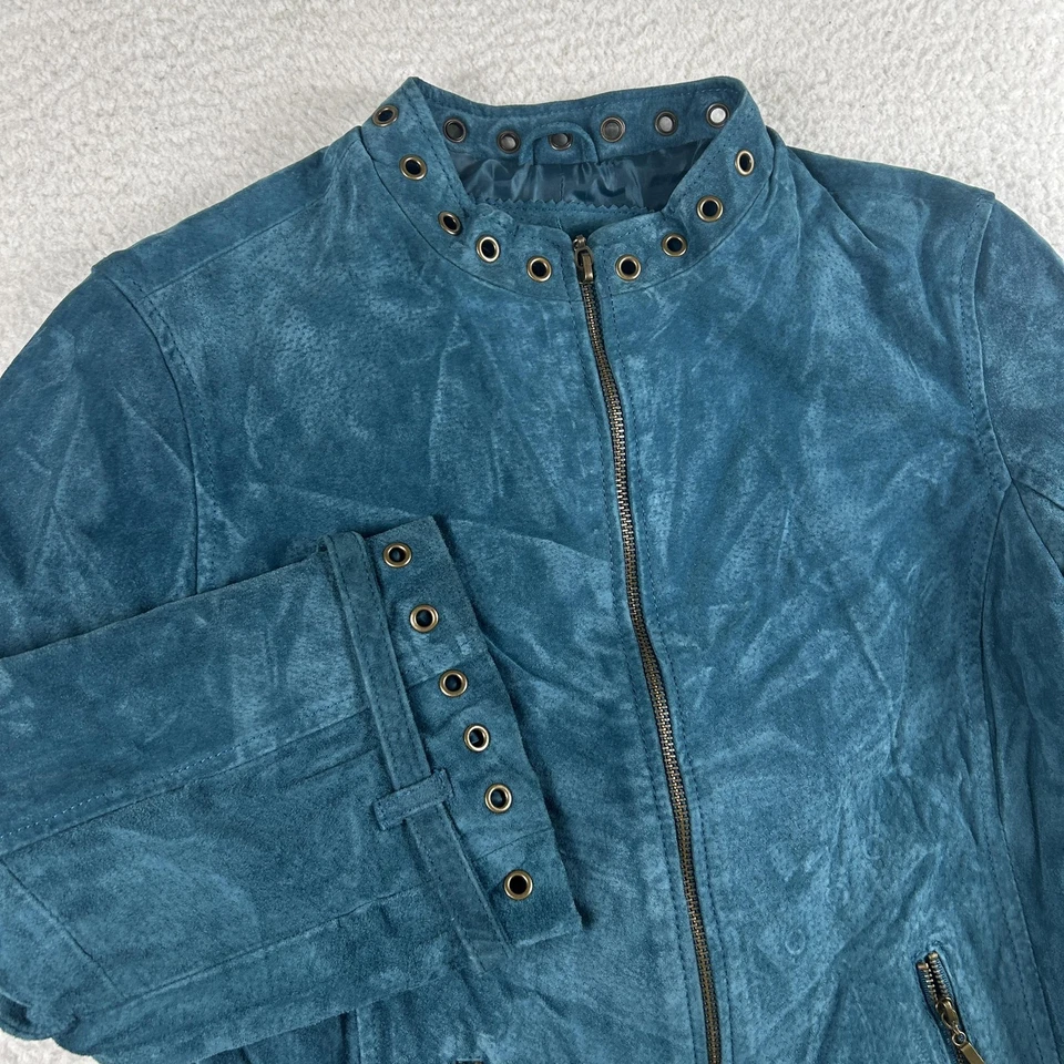 Chaqueta De Colección Live A Little Para Mujer Mediana Azul Teal Cuero Moto Cremallera Borde de Ojales Foto 2 de 4