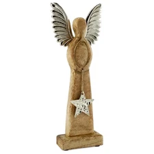 Wood Angel Christmas Statue; Farmhouse Primitive Holiday Decor w/Metal Figure