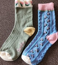 Two 2 Pair Textured Flower Design Knit Blue Green Ankle/Crew Socks