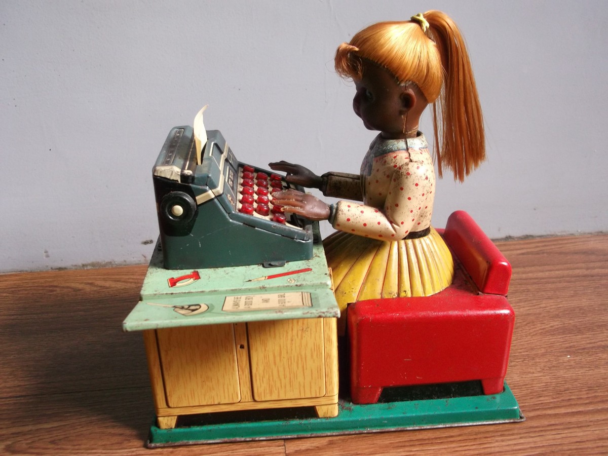 Insty-Prints 貯金箱 USA ソフビ 1970’s コイ I6TO Rare vintage battery powered TYPIST doll tin toy made in Japan