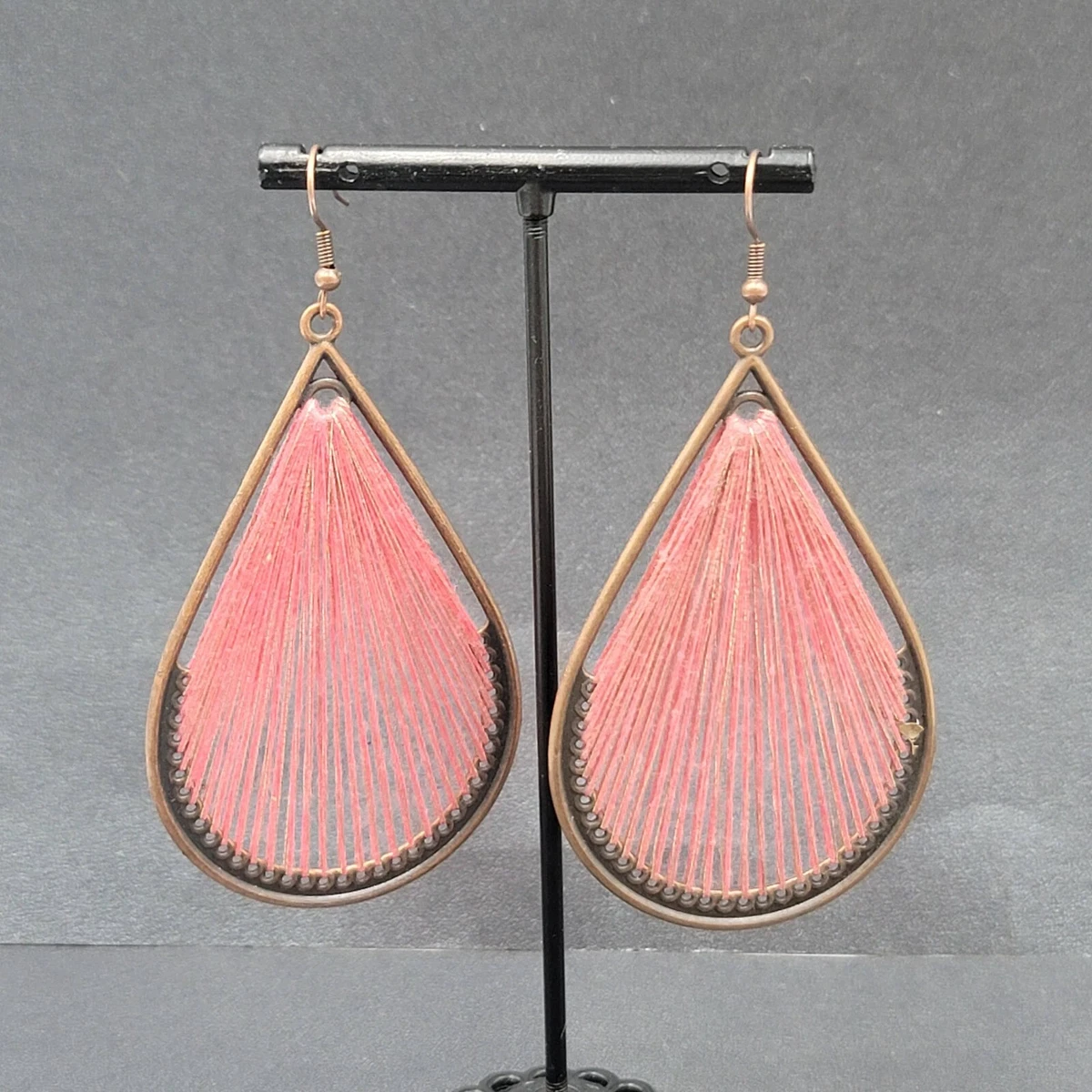 Pierced Earrings Bronze tone Pink String Art Teardrop Statement