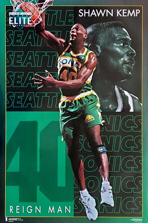 SPORTS POSTER WAREHOUSE Shawn Kemp ELITE Seattle Supersonics Vintage 1994 Costacos 23x35 Wall POSTER