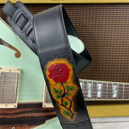 Walker & Williams CVG-56 Black Leather Padded Strap with Hand Tooled Red Rose - Picture 2 of 12
