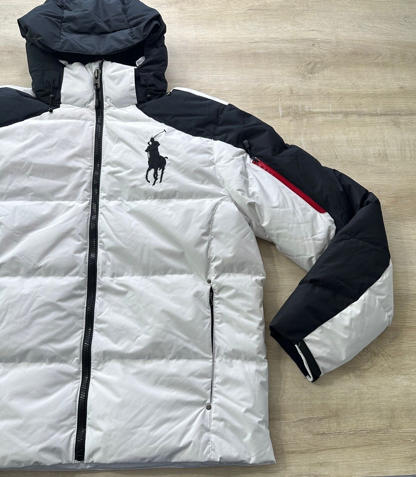 Polo Ralph Lauren uomo B&T giacca cappotto nero bianco LT grande pony cappuccio puffer