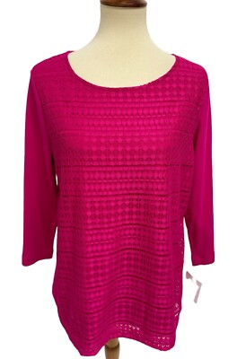 Croft & Barrow Women's 3/4 Sleeve Hot Pink Lacey A-Line Razzle Blouse Size L