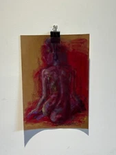 Abstract women oil pastel painting. In dark brown color. A3 format