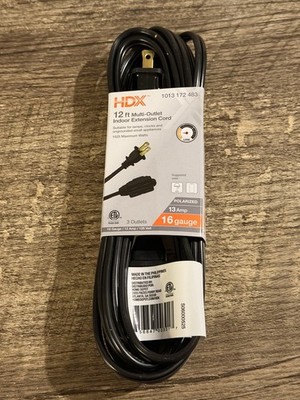HDX 12 ft Heavy Duty Polarized Extension Cord, 3 Outlets, 13A, 1625W, Black
