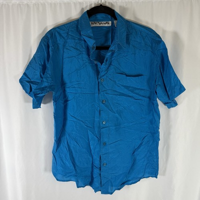 #ad Peer Pressure 100% Silk Shirt Women#x27;s Large Solid Blue Button Up Short Sleeve $23.99