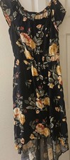 Floral Dress, Boho navy Blue 1X Hi Low Cinch Waist On Off Shoulder Vacay Cruise 