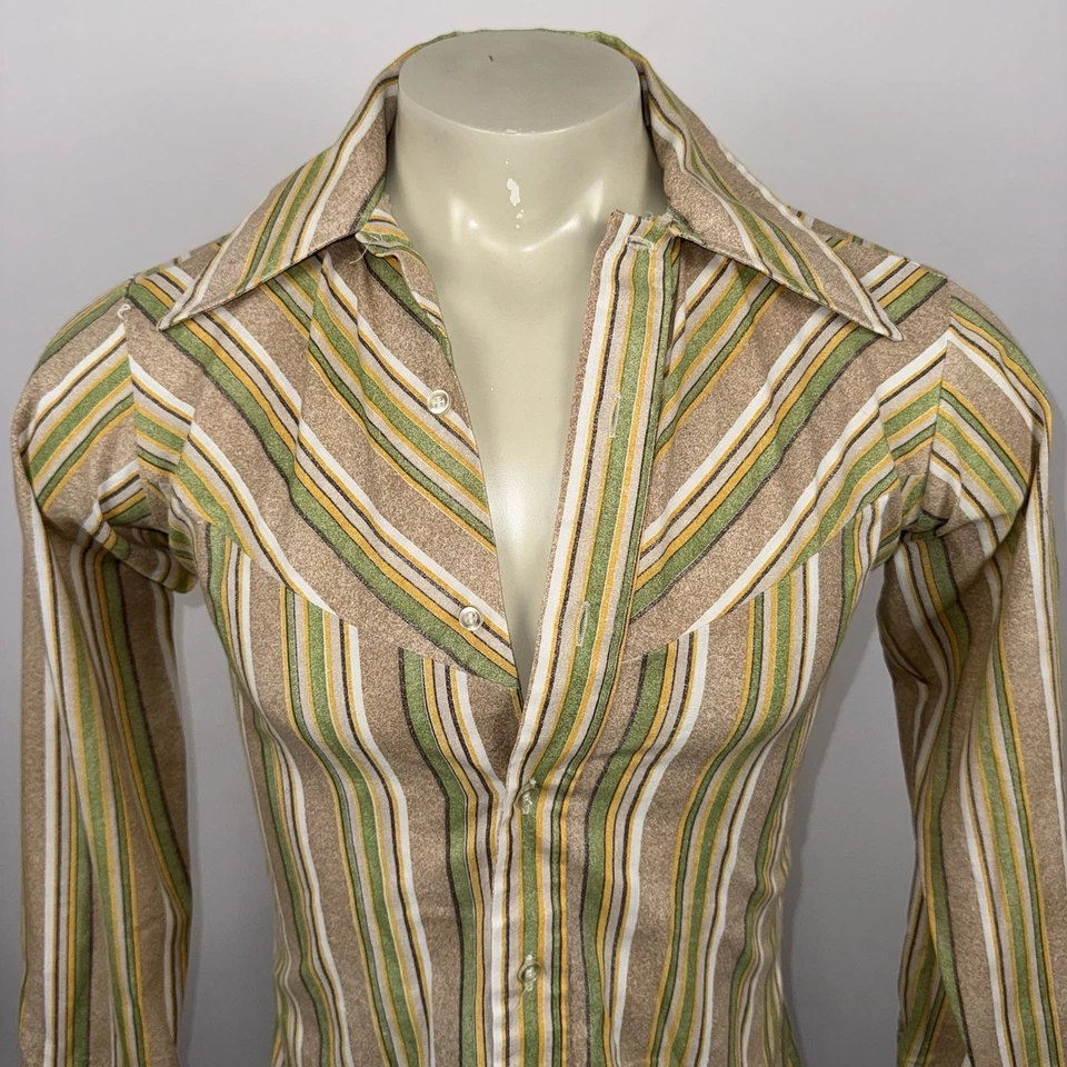 复古 70 年代西尔斯衬衫条纹迪斯科西部摇滚领 14 码 18 男式 XS — 第 3/4 张图片