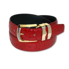 OSTRICH Pattern RED Color BONDED Leather Men's Belt Gold-Tone Buckle Regular