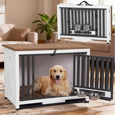 33 Inch Dog Crate Furniture Folding with Rotating Bowls Removable Tray
