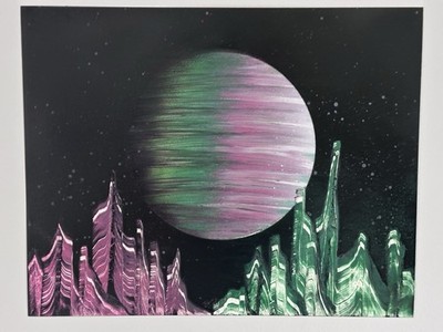 Original Pink and Green Planet Artwork with City Foreground  11x14 Handmade Art