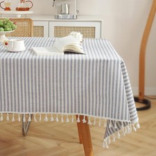 Table Cloth Blue White Striped Tablecloth with Tassels Cotton Linen Dust-Proof