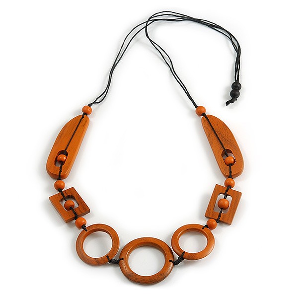 Long Geometric Rusty Orange Painted Wood Bead Black Cord Necklace - 100cm Max/