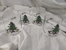 Set of 4 Vintage Christmas Tree Lowball Glasses - Toys & Holly Design