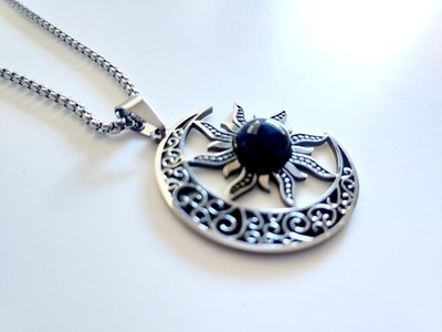 Stainless Steel & Titanium Sun & Moon Pendant Necklace, Box Chain, 18 in