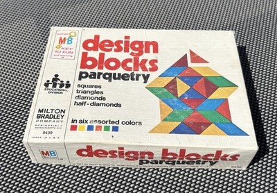 1977 Parquetry Design Blocks Milton Bradley Wood Shapes USA Original Box