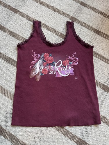 CMJ Y2K Lace Tank Top Women’s Large Chopper Design Love To Ride Maroon USA