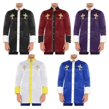 Men's Clergy Priest Jackets Robe Cross Embroidery Long Sleeve Shirt Tops Coats