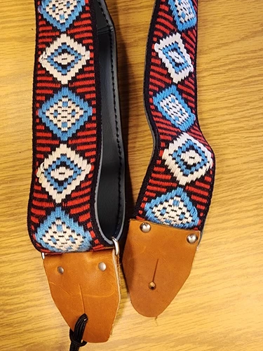 Vintage 2" Hippie Strap Red/Blue/White Woven Jacquard Rare Find - NOS Guitar