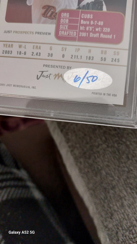 2003 Just Prospects 9 Mark Prior Preview- Auto. PSA Cert. PSA10 Card Mint9 #6/50 - Image 3 of 3