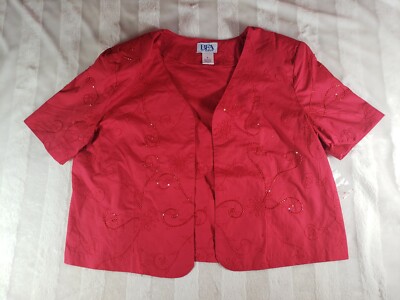 BFA Classics Open Front Jacket Womens Red Beaded Embroidered Short Sleeve L NWOT