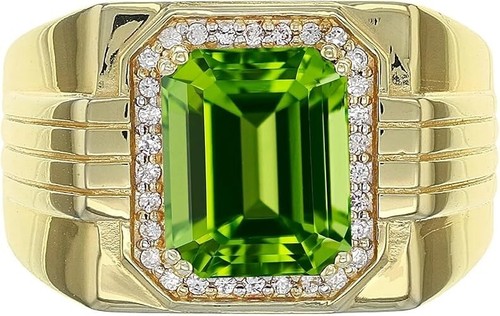 4.5Ct Lab Created Green Peridot Men's Halo Engagement Ring 14k Yellow Gold Plate - Picture 4 of 4