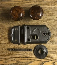 Antique Norwich Petite Cast Iron Rim Lock Brown Mineral Doorknobs, c1860