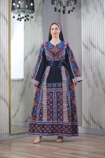 Palestinian Women Embroidered Thobe and Head Scarf Tatreez Heritage Wide Sleeves