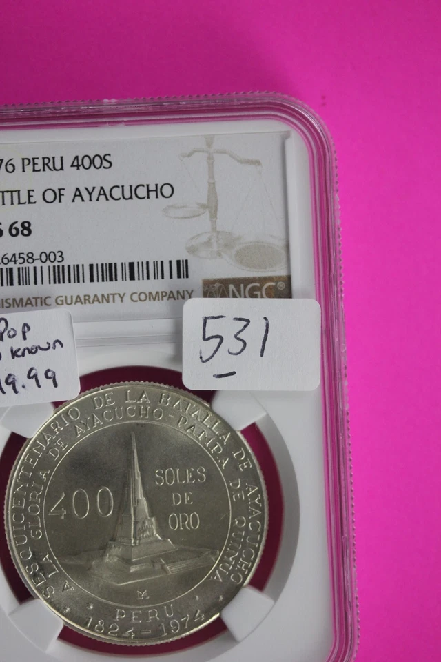 Top Pop 2 Known 1976 MS 68 Peru Battle Of Ayacucho 400S Silver Coin NGC Slab 531 - Image 3 of 3