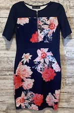 Fantaist Womens Dress Sleeves Size Medium Navy Floral Multicolor Zip Front Side
