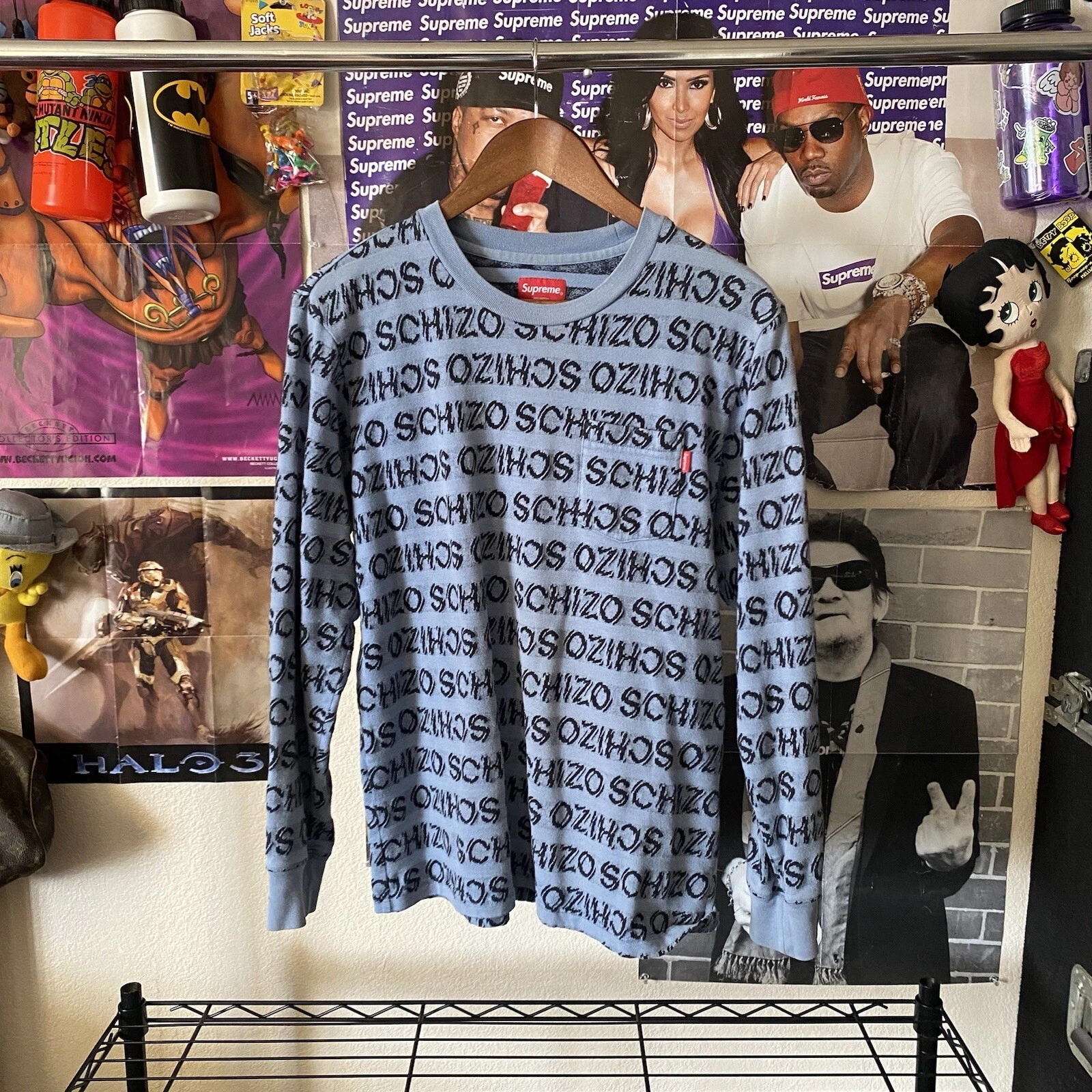 T shirt de poche Supreme Schizo manches longues jacquard bébé bleu 2016