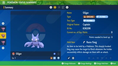 Pokemon Scarlet Violet Ultra Shiny 6IV Gligar - Fast Trade - with Razor Fang