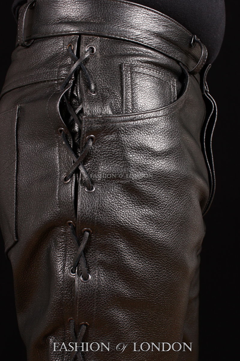 Men's 100% Real Leather Motorcycle Biker Pants - Black, Laced Legs, Sizes 28-40
