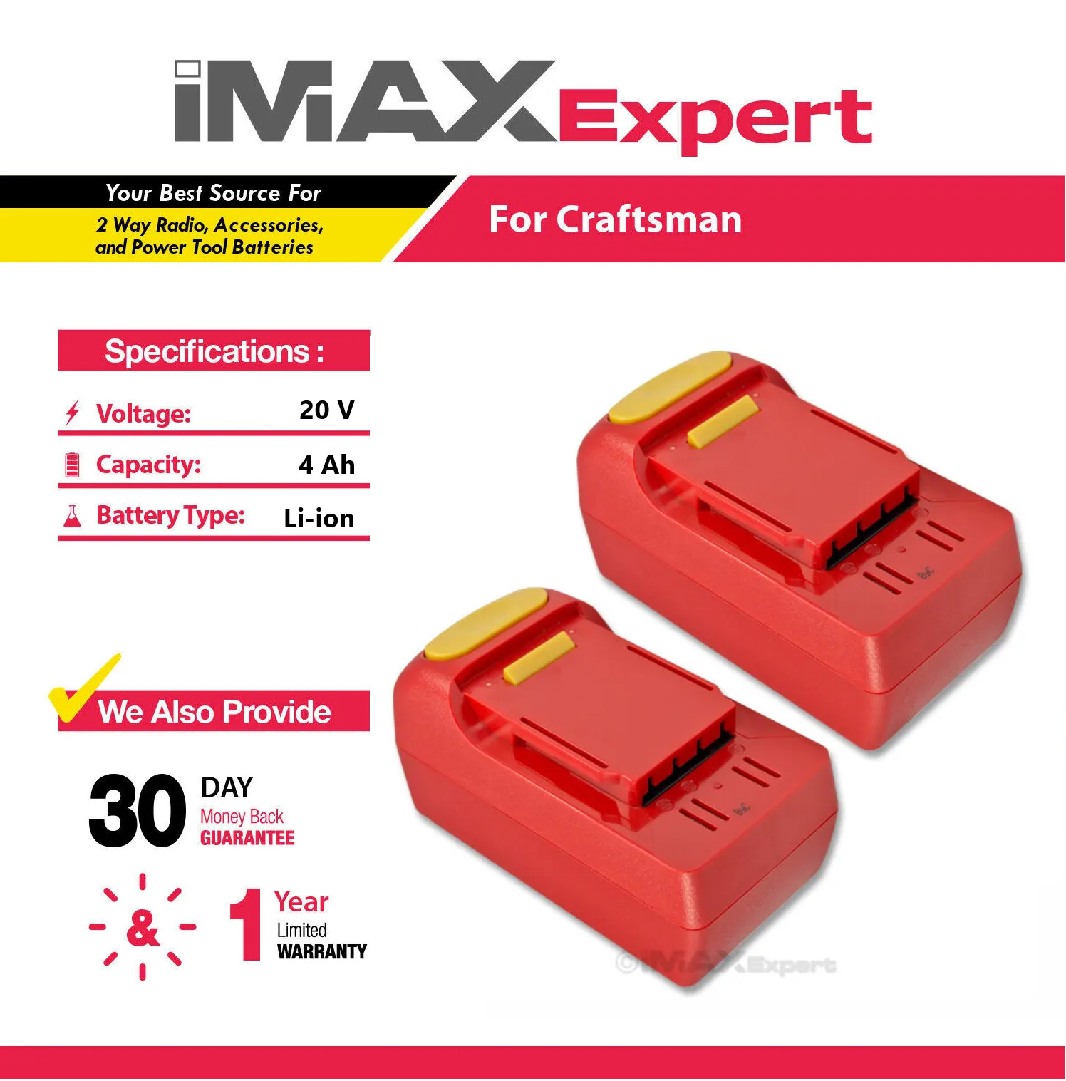 2x 20V 4Ah Li-ion Battery for Craftsman 26302, 26314, 28128,