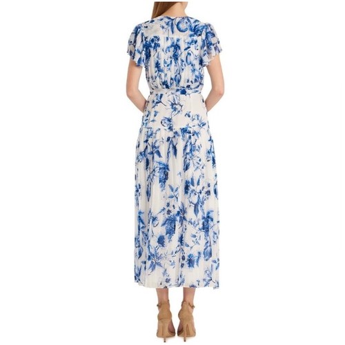 ML Monique Lhuillier Floral Dress Size 6 Blue White Midi Tea Gown Preppy Luxury - Picture 3 of 19