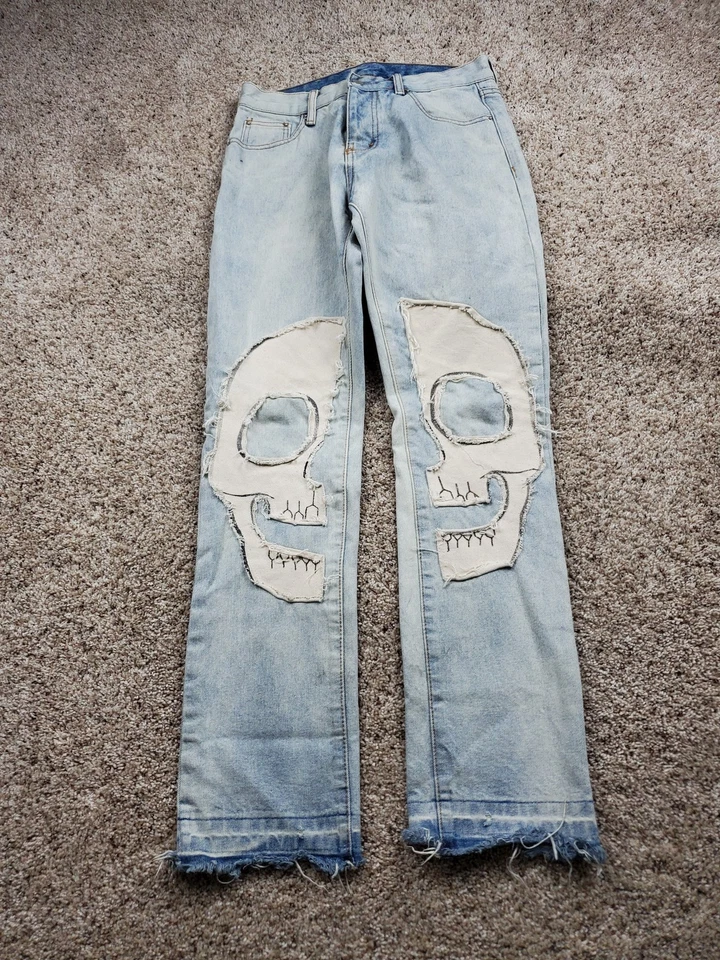 mnml Jeans Mens 30 Distressed Skull Patch Straight Leg Frayed Hem Denim 30x31 - Photo 2/4